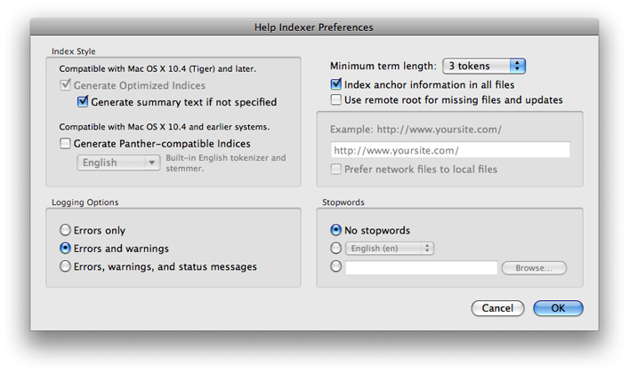 Turning on anchor indexing in the Apple Help Indexing Tool