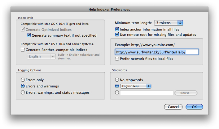 Specifying a remote server in the Apple Help Indexing Tool