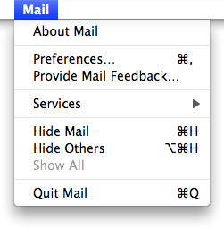 The Mail application menu
