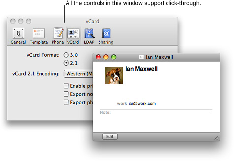 An inactive window with controls that support click-through