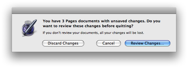 The Review Changes (application modal) alert that appears when the user quits with more than one unsaved document open