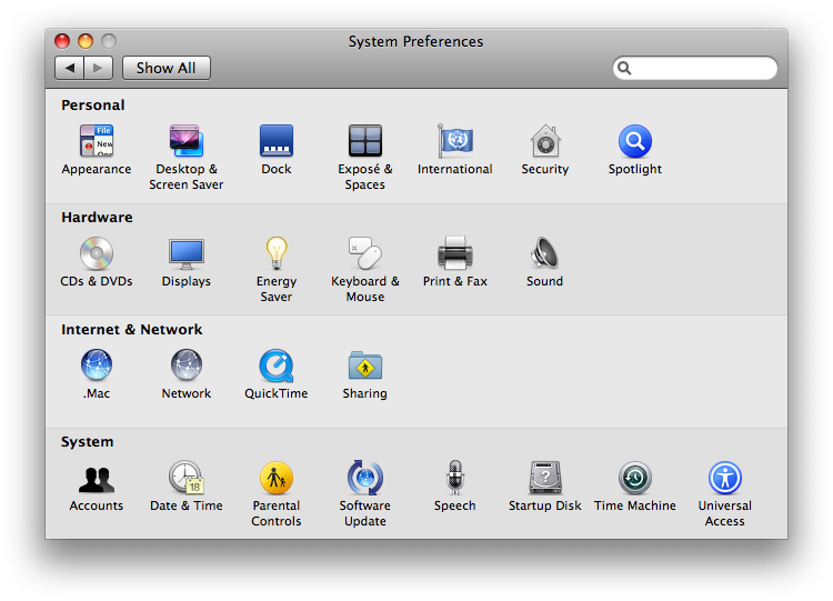 System Preferences in the default state