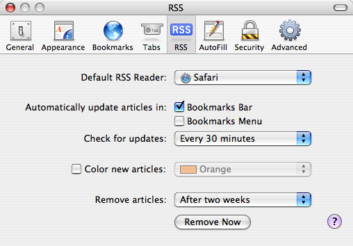 Figure 1, RSS pane in Safari preferences window.