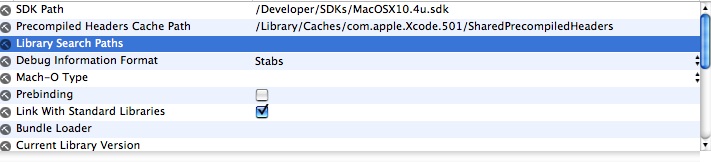 Figure 1, The Library Search Paths build setting in Xcode.