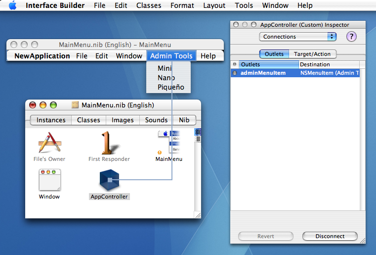 Figure 2, Connecting the menu outlet in Interface Builder.