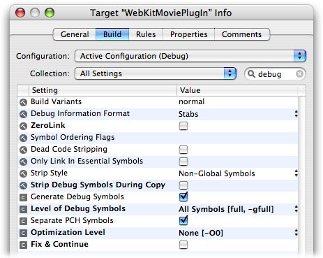 Figure 1, Xcode's inspector window showing settings for the debug configuration of the project.