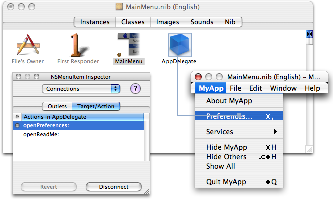 Figure 1, Connecting NSMenuItem to your IBAction method: control drag from the menu item to your object.