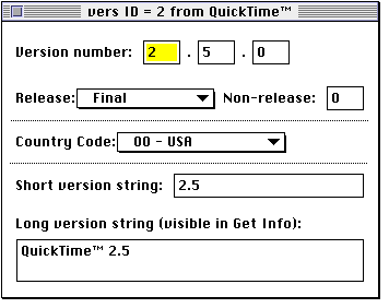 ResEdit window, showing 'vers'         information