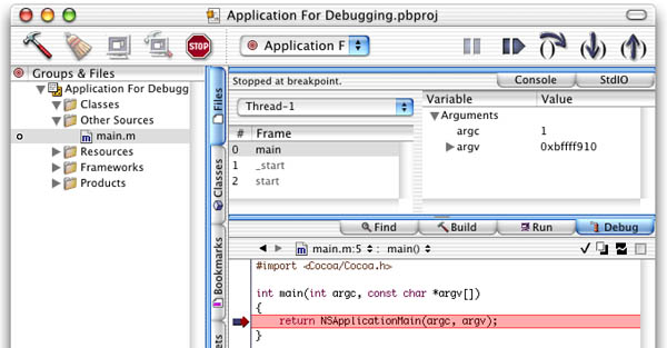 Project Builder's debugging interface