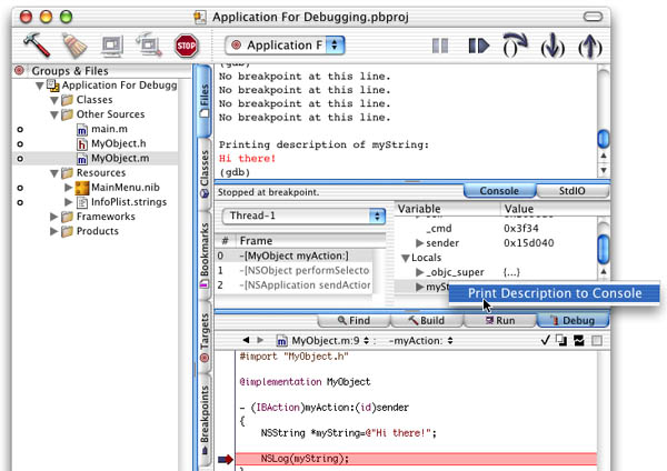 Print Description to Console prints the contents of a CF or NS-type object