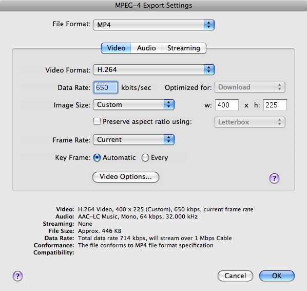 Figure 2, MPEG-4 video export settings for iPhone.