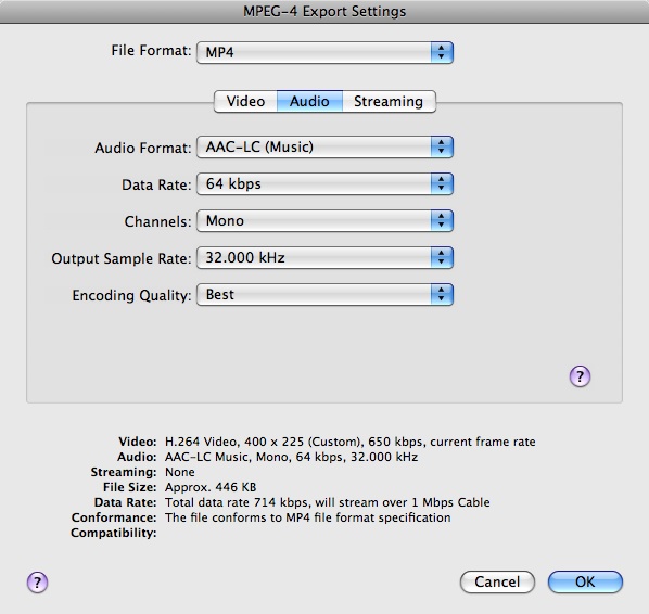 Figure 4, MPEG-4 audio export settings for iPhone.