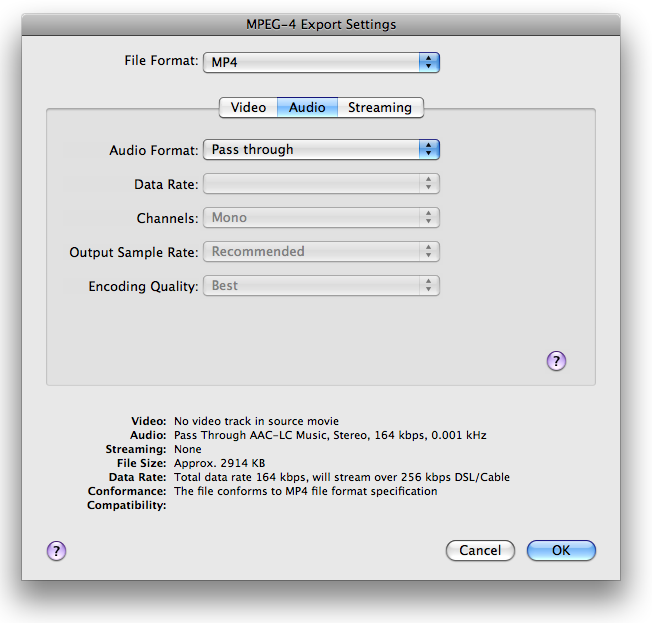 Figure 5, MPEG-4 Export Settings - Audio Pass Though Selected.
