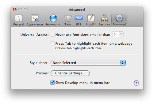Advanced tab of Safari preferences panel