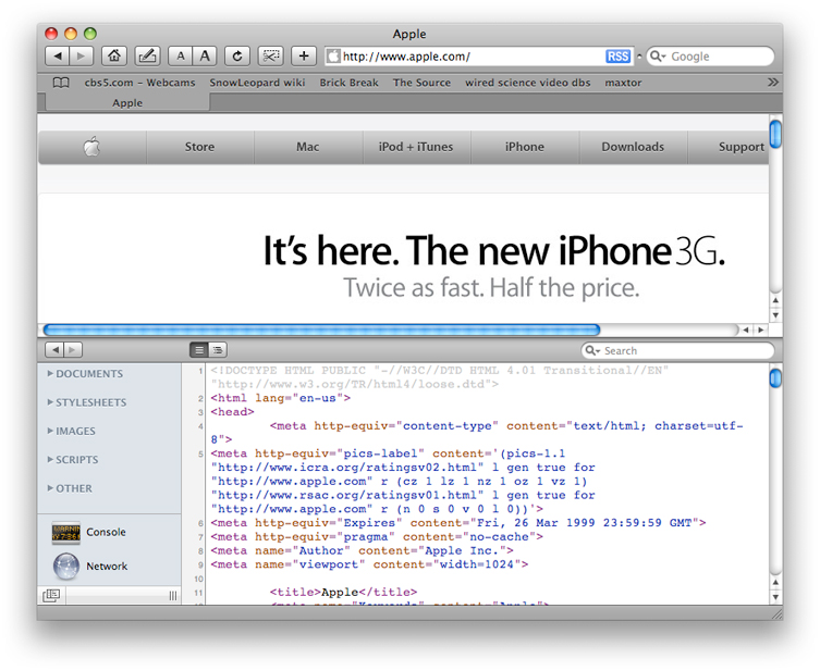 The Web Inspector docked with browser window