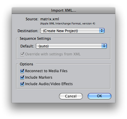 Import XML dialog