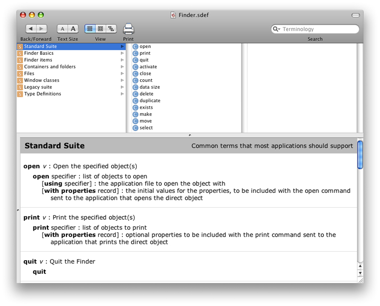 The Finder dictionary in Script Editor (in Mac OS X v10.5)