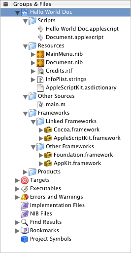 Default contents of the Groups & Files list in an AppleScript Document-based Application project