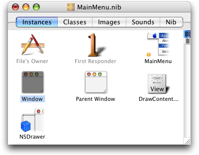 MainMenu.nib window after adding a window and drawer combination