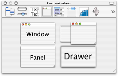 Interface Builder’s Cocoa-Windows palette, with drawers