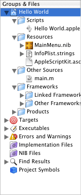 The Files list in the Groups & Files list in a non-document AppleScript Studio project