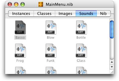 Sounds in the Sounds tab in a nib window in Interface Builder