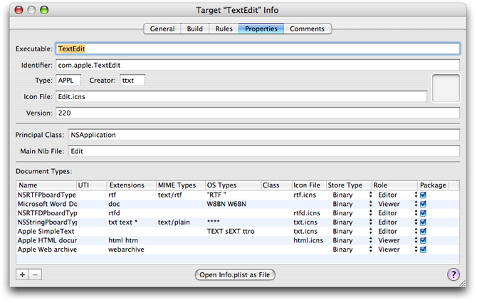 Document Types information for TextEdit application in Xcode
