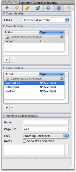 Outlets and actions in the Converter Controller Identity inspector