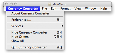 The Currency Coverter application menu