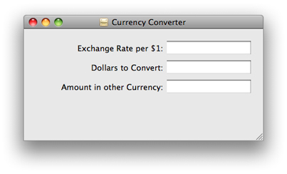 Text fields and labels in the Currency Converter window