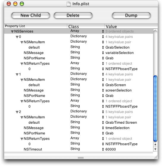 The NSServices property for the Grab application
