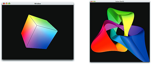 OpenGL content in a Cocoa view (left) and a Carbon window (right)
