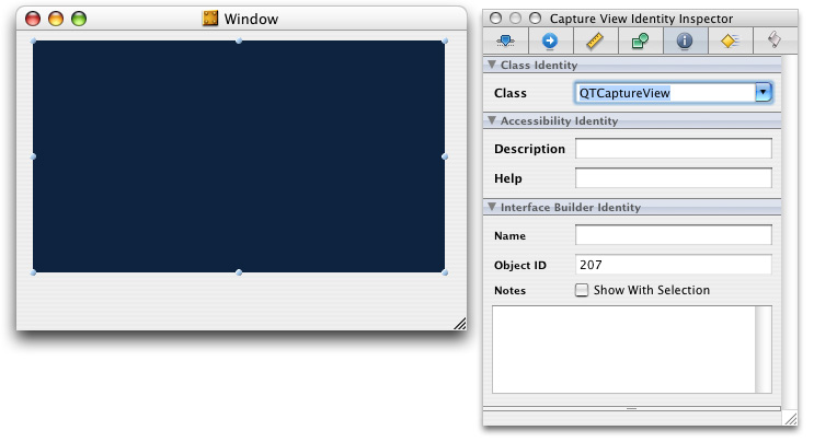 The resized QTCaptureView object and its class Identity defined in the Identity inspector