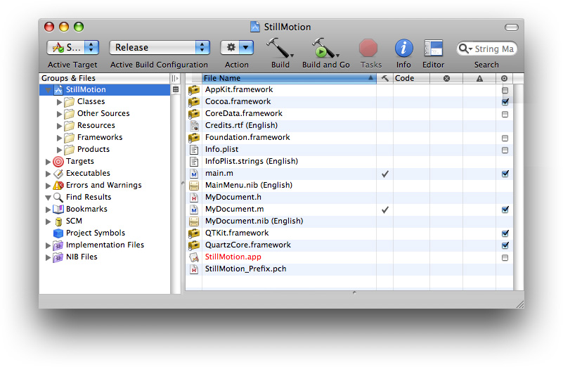 The StillMotion Xcode project window