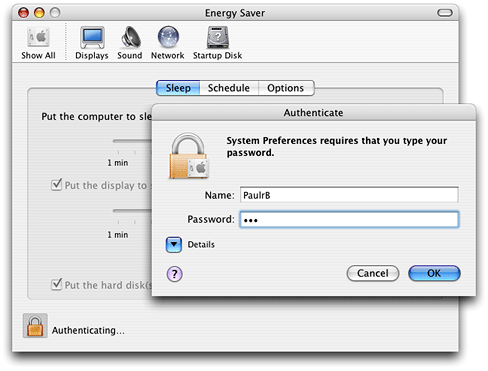An example of authentication in the System Preferences application