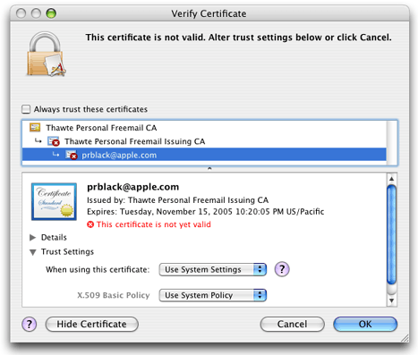 Certificate trust panel